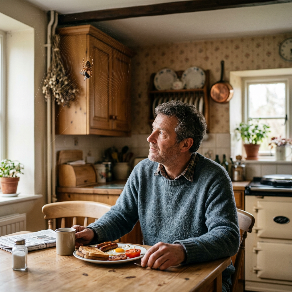 Man having breakfast and coffee in a cozy kitchen looking up towards the ceiling at a spider in his web